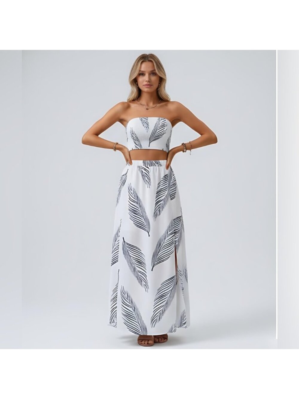 Boho White Tropical Print Tube Top & Split Thigh Skirt